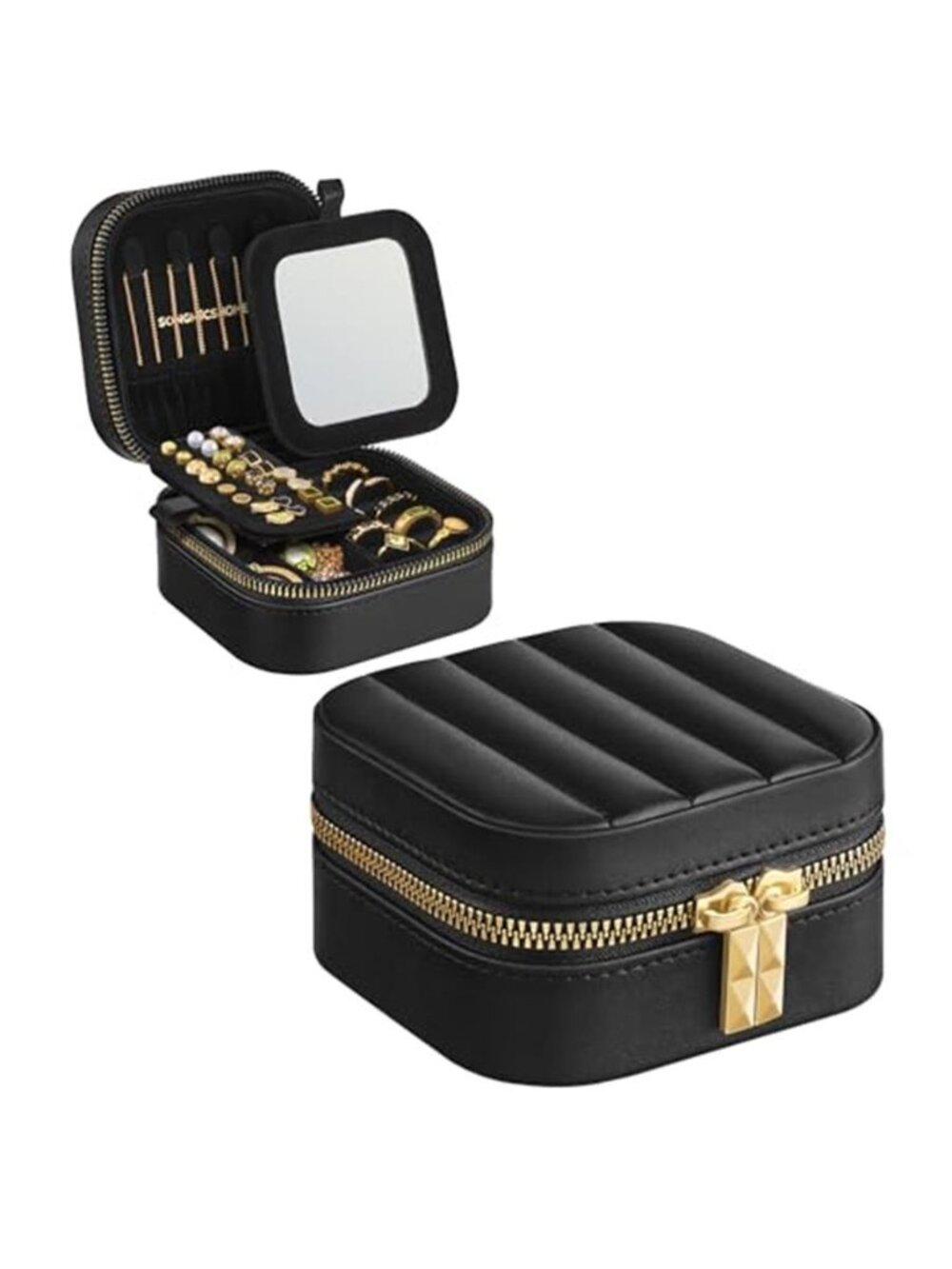 Small Travel Jewelry Box Organizer Case With Mirror Portable Storage Black Gift